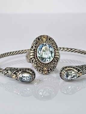 Set Natural Sky Blue Topaz Ring & Bracelet in 18K & Sterling Silver Sz 8!